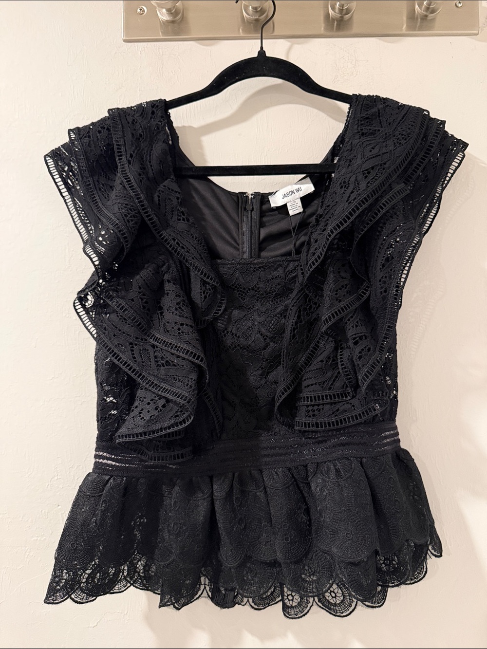 Jason Wu Black Lace Ruffle Peplum Top Large Sleeveless Romantic Gothic